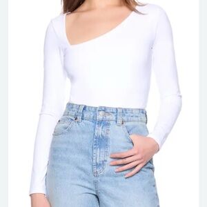 Susana Monaco Womens White Long Sleeve Asymmetrical Neck Blouse Top Size Large